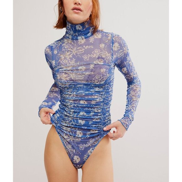 FREE PEOPLE Under It All Printed Mesh Bodysuit / Bluebell Combo - Picture 1 of 7